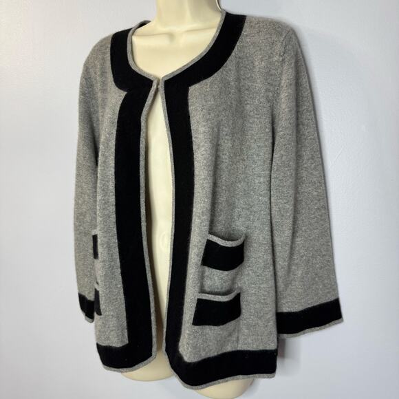 Neiman Marcus Cashmere Grey Black Trim Cardigan Sweater Feminist Luxury Womens L - Picture 5 of 9